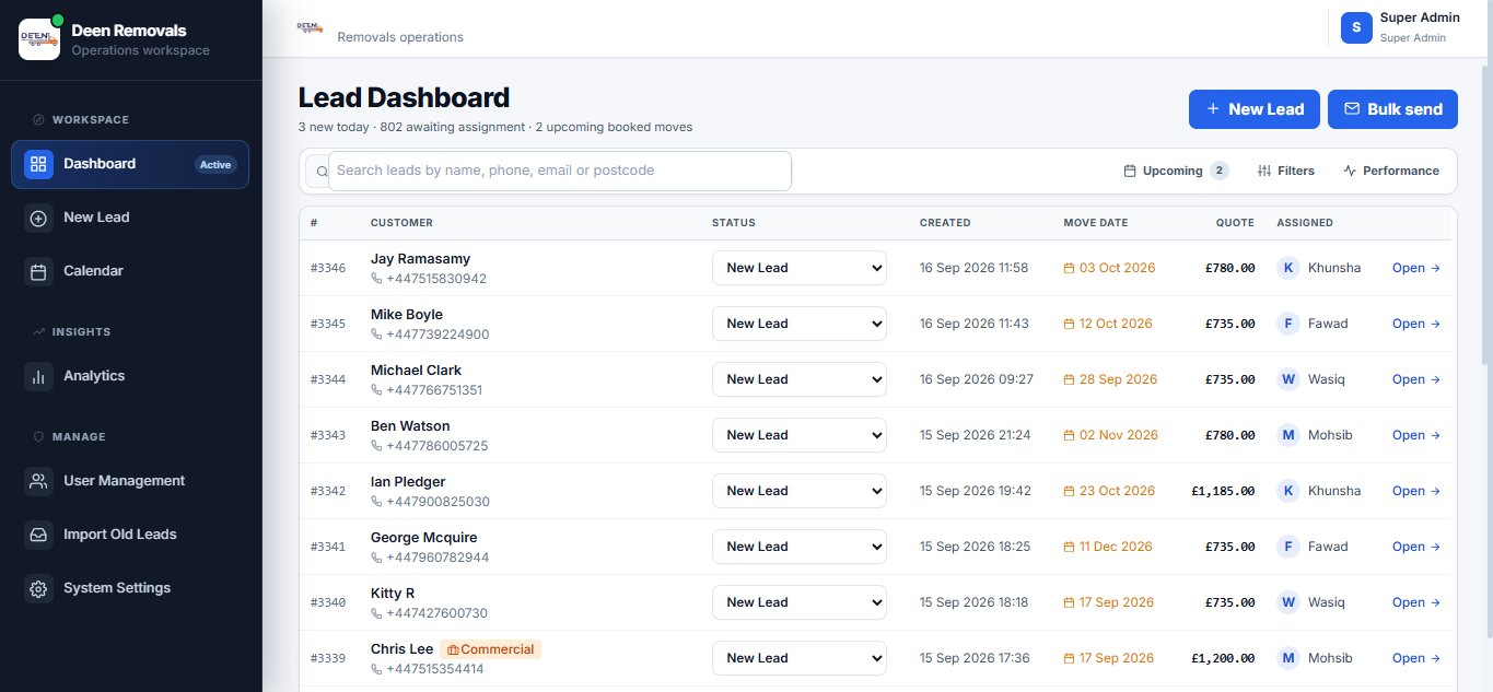 MoverSync lead dashboard with customer status, move date, quote and assignee columns
