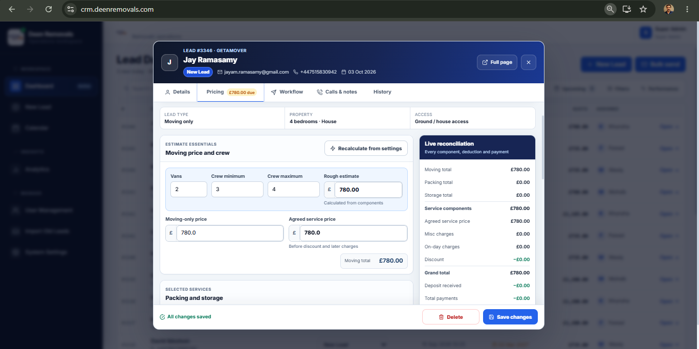 MoverSync lead pricing and reconciliation screen